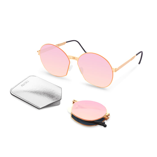INGRID Folding Sunglass SS007 Brush Gold / Pink Mirror