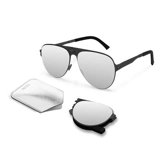 Orville Folding Sunglass SS014 Matte Black / Silver Mirror